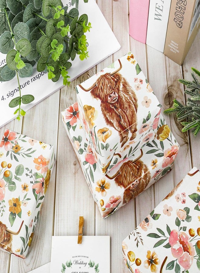 AnyDesign Boho Floral Highland Cow Wrapping Paper Folded Flat Boho Flower Gift Wrap Paper Bulk Cute Cow Art Paper for Birthday Wedding Baby Shower DIY Crafts Gift Packing, 19.7 x 27.6 in, 6 Sheet - Image 4